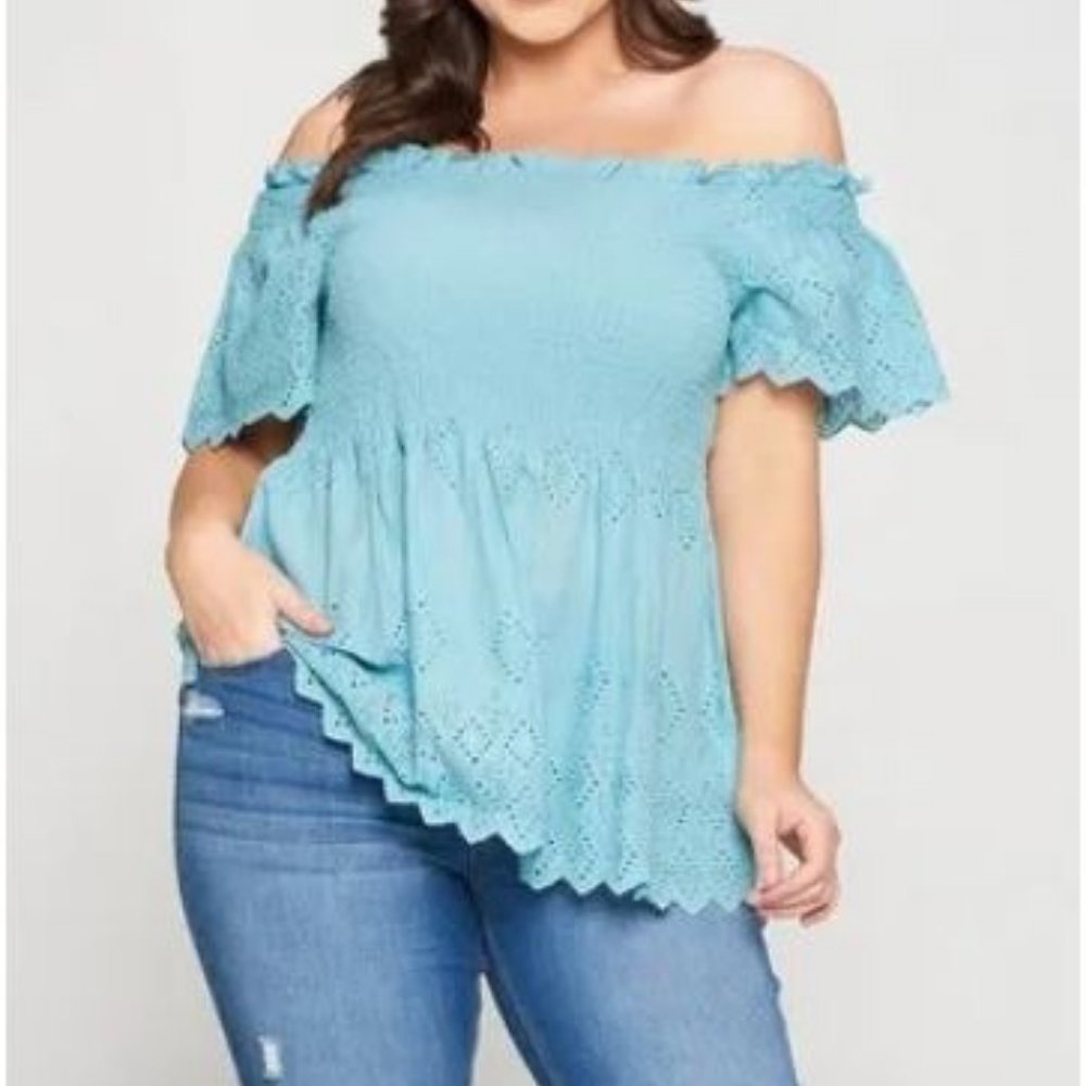 Light Blue Off The Shoulder Eyelet Top  - 2X, 3X